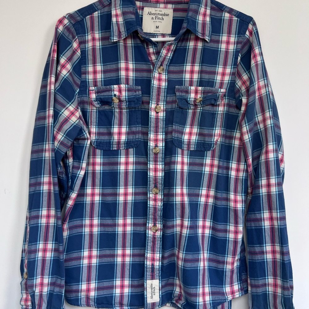 Abercrombie & Fitch Men's Navy and Red Plaid Shirt